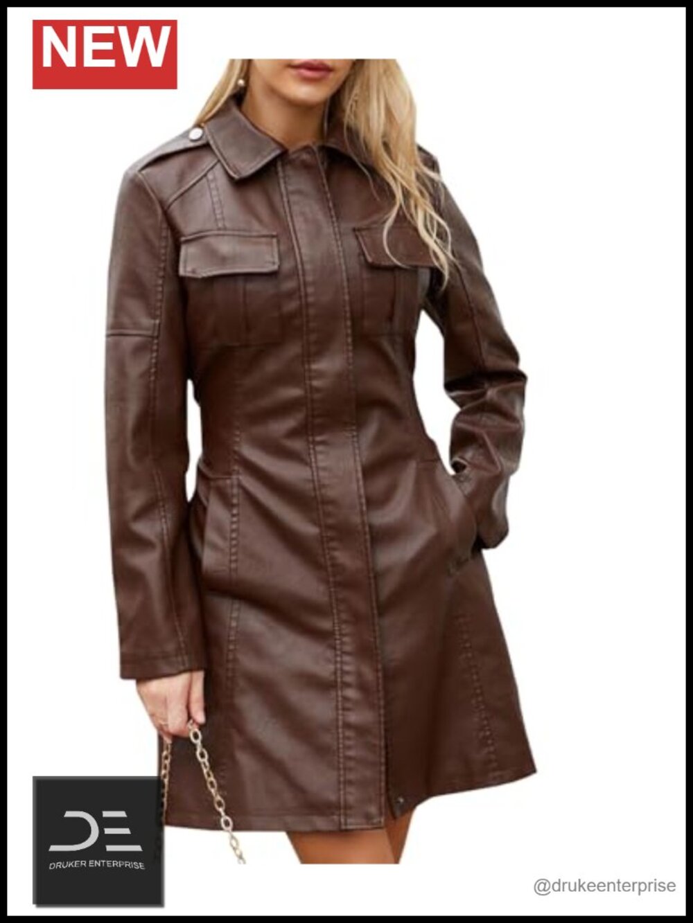 Faux PU Leather Trench Coat Mid Length Zip Up Belted Women's